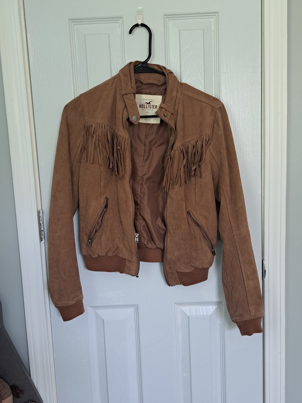 Hollister Brown Suede Fringe Bomber Jacket
